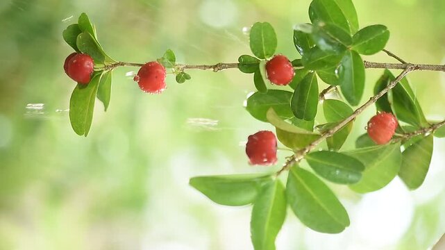 Branch cherry fruits and rain on natural background.