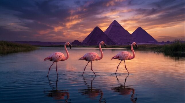 Flamingos wading at sunset near egyptian pyramid silhouettes