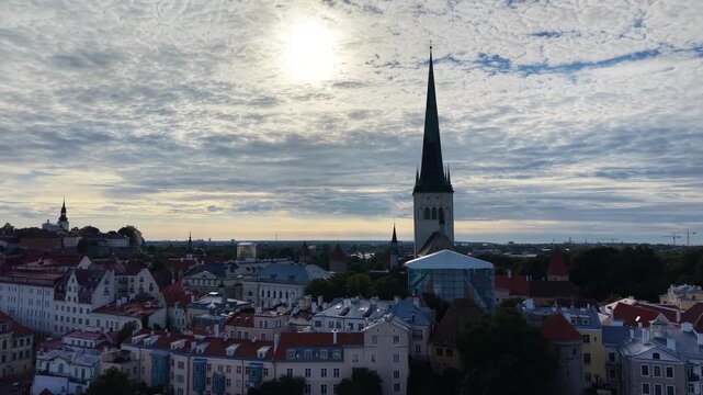 Aerial shot of St Olaf's Church (Oleviste Kirik) and Tallinn Old Town, Estonia