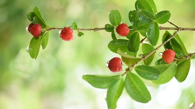 Branch cherry fruits and water drop on natural background.