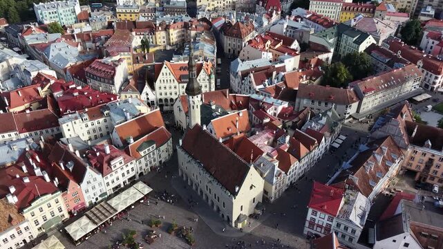Flight over Tallinn Town Hall (Raekoda) in Estonia