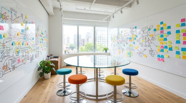 Creative Meeting Room with Whiteboard Wall and Round Table