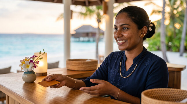 Smiling Female Resort Receptionist Welcoming Guests with a Key Card in the Maldives
