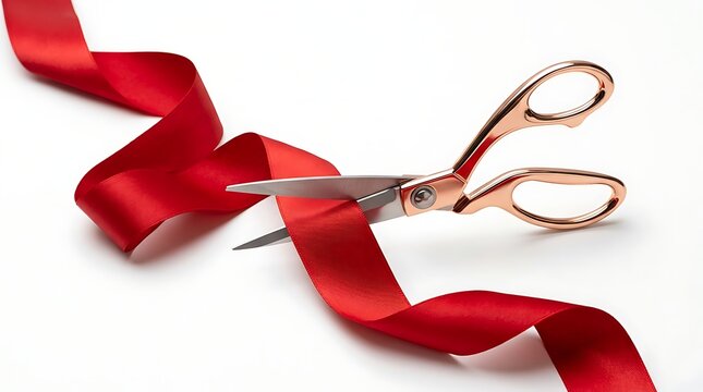 Shiny gold scissors cutting a long red silk ribbon