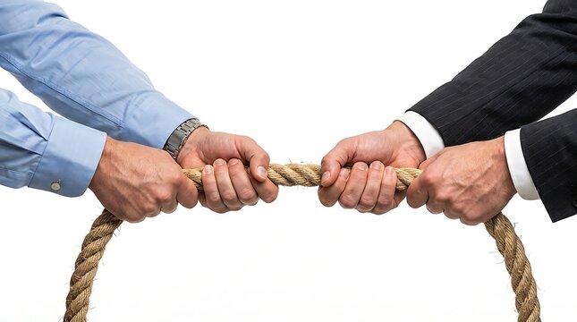 Two business people pulling a rope in a tug of war competition