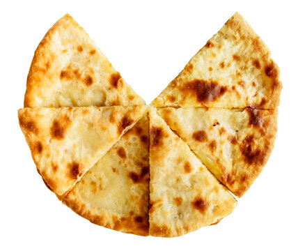 sliced imeretian khachapuri (imeruli) traditional round closed pie from Georgia with filling of soft brine cheese cut-out on white background