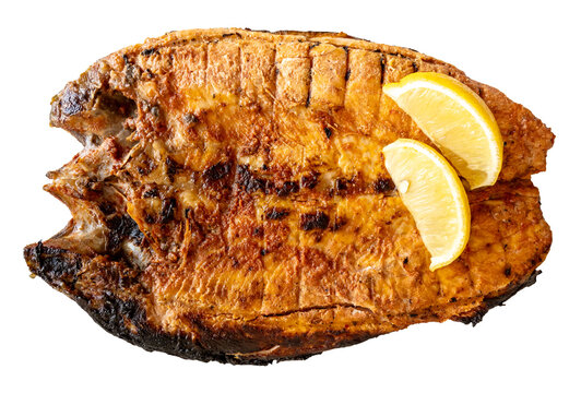 grilled Armenian river trout fish with lemon cut-out on white background