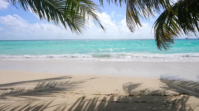 Palm tree leaves frame turquoise ocean waters and soft incoming waves on a bright sandy coastline in Maldives under a partly cloudy sky.