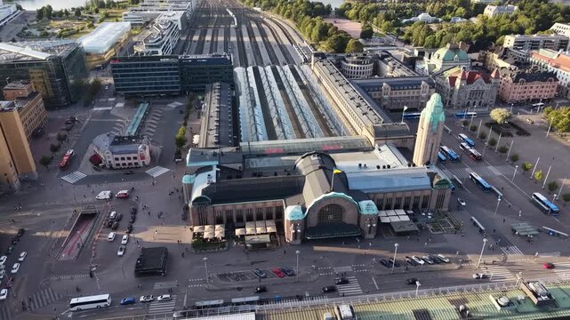 Flight over Helsinki Central Railway Station in Finland