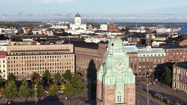 Drone view of the Clock Tower at Helsinki Central Railway Station, Finland