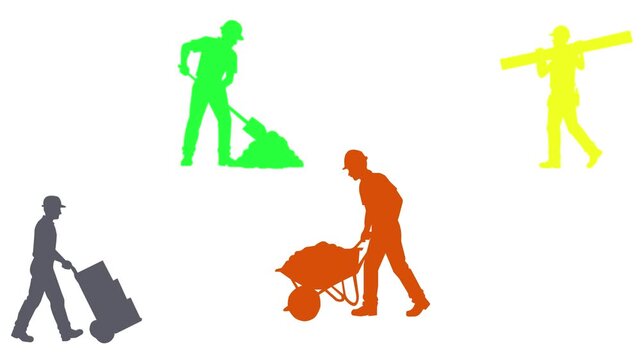 Colorful construction worker silhouettes perform manual labor tasks in this dynamic animation digital video motion graphic