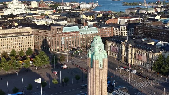 Aerial shot of the Clock Tower at Helsinki Central Railway Station, Finland