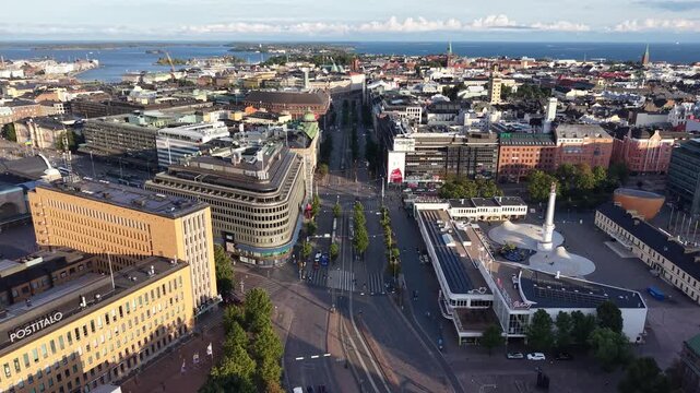 Panoramic flight over Helsinki city center skyline, Finland
