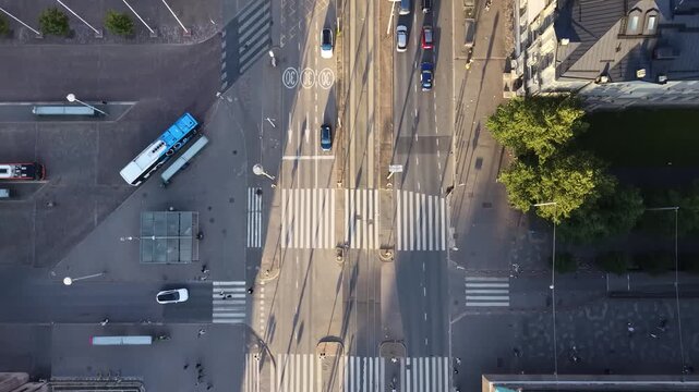 Top-down aerial shot of a busy street intersection in Helsinki, Finland