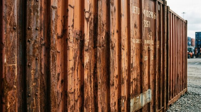 Weathered Rusty Shipping Container Stacked in Industrial Yard.