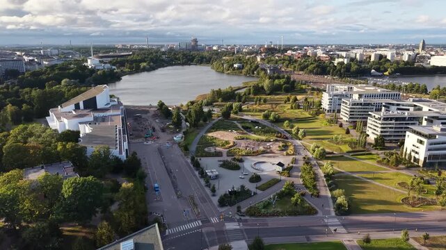 Flight over Finlandia Hall (Finlandia-talo) and Toolonlahti Park, Helsinki