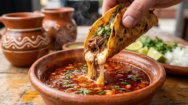 Hand dipping a beef birria taco into a bowl of rich red consomme sauce