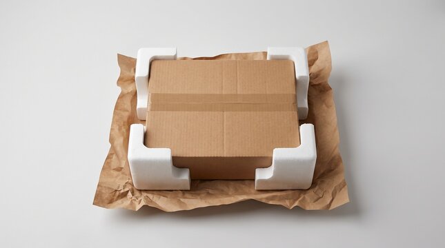 Cardboard box secured with foam corner protectors on brown paper packaging