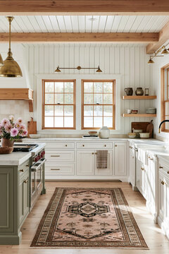 Modern farmhouse kitchen interior with natural light and decorative details  