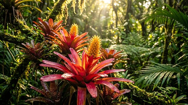 Bright red tropical bromeliad flower blooming in a lush green jungle