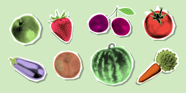 Fruit and vegetable sticker pack in pop art halftone style. Organic food icons collection with watermelon, strawberry, plum, cherry, tomato, eggplant, carrot and apple stickers on green background