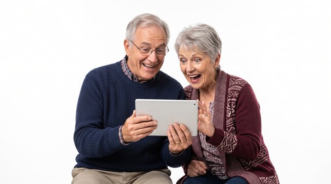 Excited senior couple laughing while looking at a tablet computer together on a white background