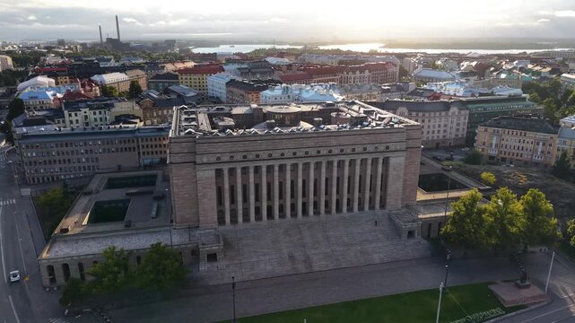 Flight over Parliament House (Eduskuntatalo) in Helsinki, Finland