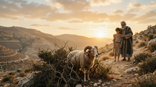 Ram standing by a thorn bush on a rocky mountain path. Biblical concept of Abraham and Isaac with father and son blurred in the background at sunset. Substitute sacrifice religious illustration