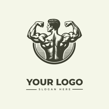 Vintage style illustration of a muscular bodybuilder posing for a gym logo design.