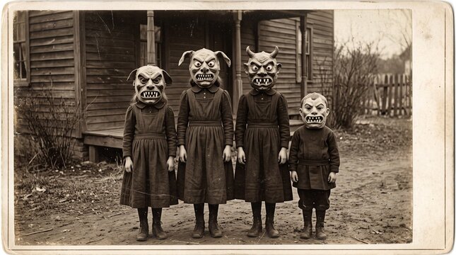 19th century children wearing Halloween masks, Halloween scary vintage photography