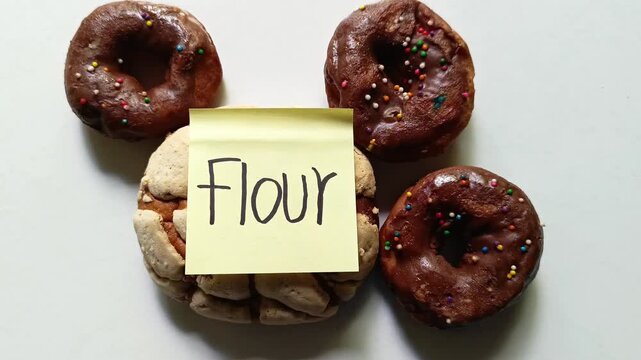 Assorted pastry with Mexican concha and chocolate doughnuts topped with handwritten flour note isolated on white background