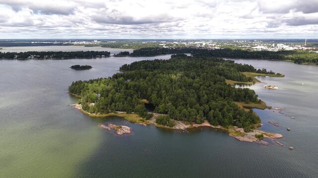 Panoramic flight over Seurasaari Island nature reserve, Helsinki, Finland