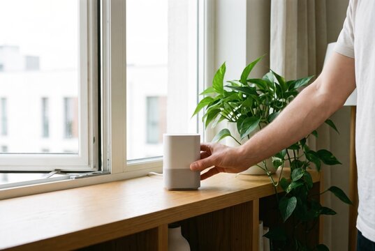 Hand placing a modern white smart speaker on a wooden windowsill next to a green plant
