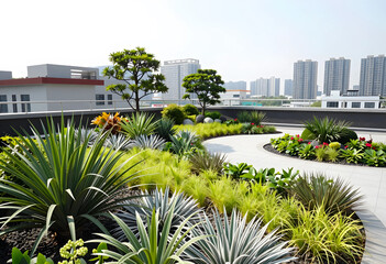 Fototapeta premium Urban green space and sustainable architecture, rooftop garden with diverse plants and city skyline in the background