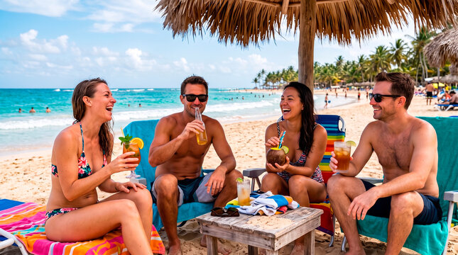 Friends enjoying drinks and laughter on a sunny tropical beach vacation