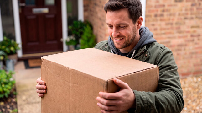 Man holding a large cardboard box in front of his house