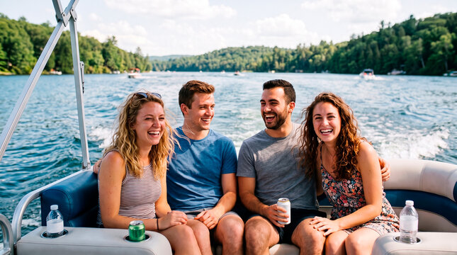 Group of friends laughing and enjoying a boat ride on a sunny day