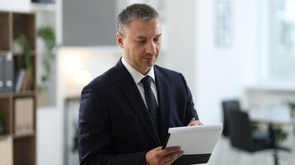 Fototapeta premium Professional lawyer writing in clipboard in office