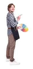 Fototapeta premium Man with painting tools on white background. Young artist