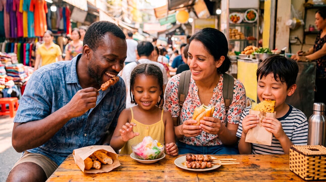 A family enjoys street food at a vibrant market.