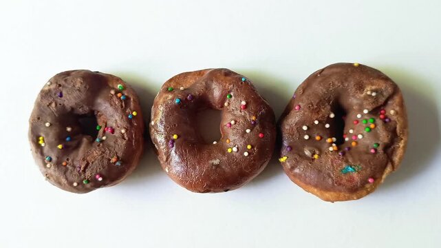 Three chocolate glazed doughnuts with rainbow sprinkles in vertical row isolated on white background