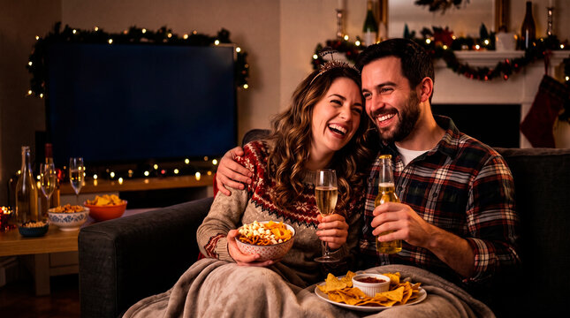 A couple enjoying a festive night with snacks and drinks.