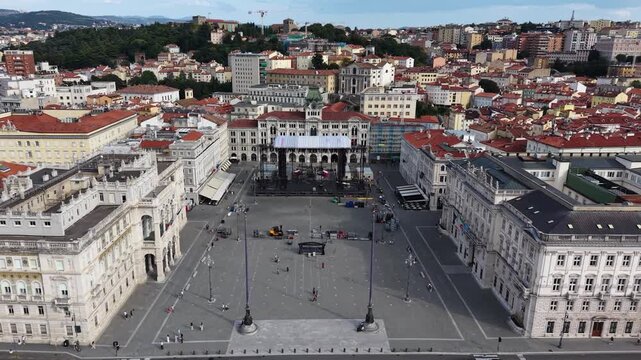 Bird's-eye view of Piazza Unita d'Italia main square in Trieste, Italy