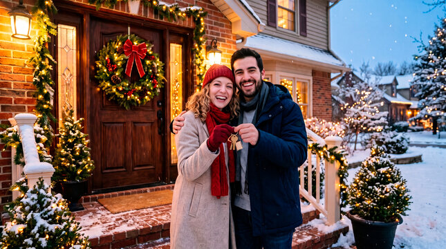 Happy couple holding keys in front of snow covered home decorated for Christmas holidays