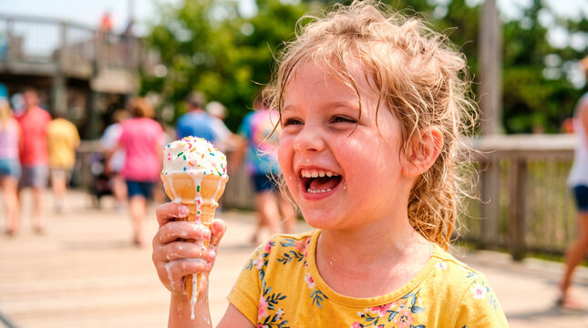 Joyful young girl with melting ice cream cone on a sunny day