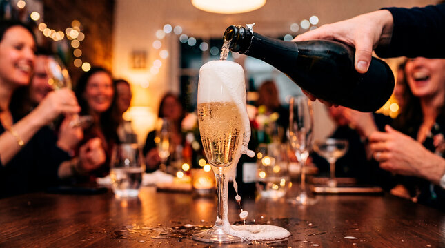 Champagne poured into glass overflowing with foam at a party celebration