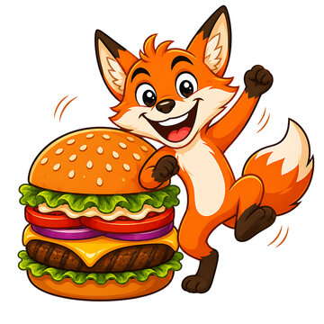 Cute Fox Eating Giant Cheeseburger PNG Vector Cartoon Food Character