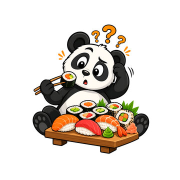 Cute Panda Eating Sushi PNG Vector Cartoon Food Character Illustration'