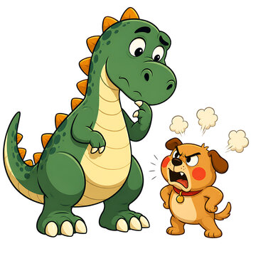 Puzzled Dinosaur and Angry Dog PNG Vector Cartoon Character Illustration