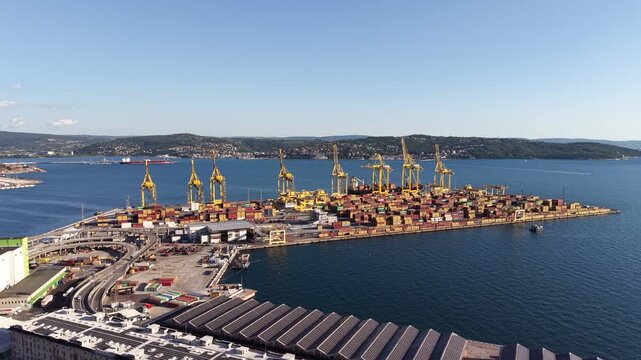 Aerial footage of cargo operations at Trieste Port Container Terminal, Italy